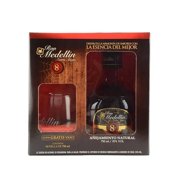 RON 8 AÑOS MEDELLIN+VASO*750ML
