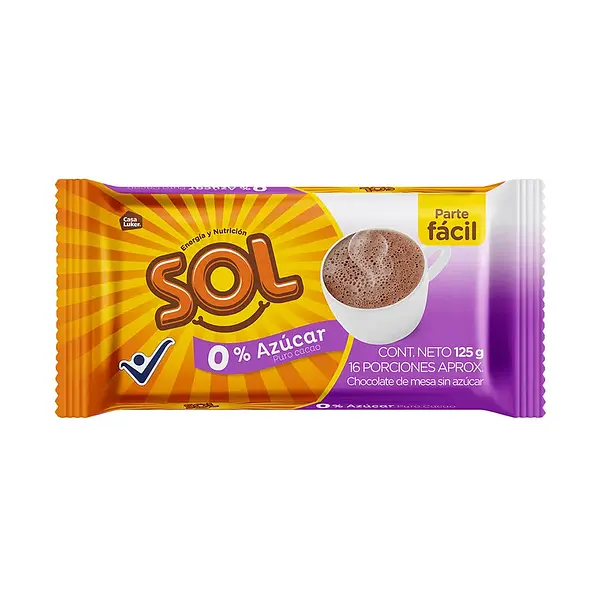 CHOCOLATE MESA SIN AZUCAR SOL*125GR