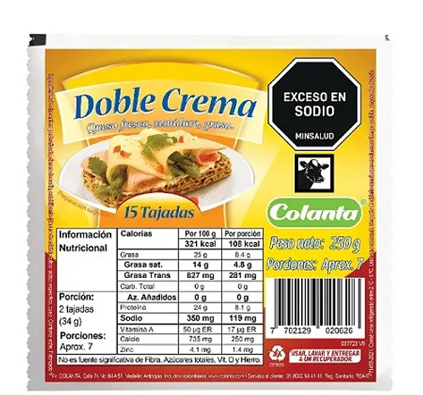QUESO DOBLE CREMA COLANTA*250GR
