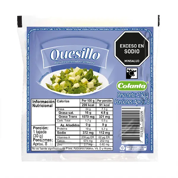 QUESO SEMIGRASO QUESILLO COLANTA * 250G
