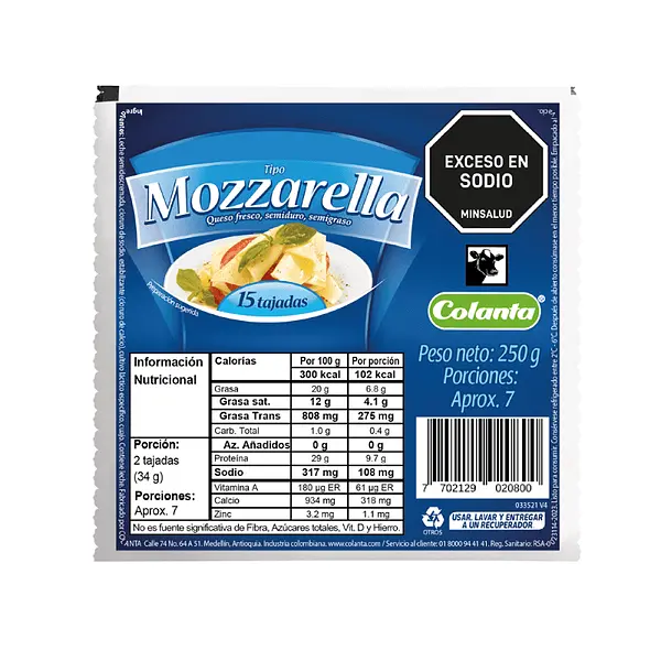 QUESO TAJADO MOZARELLA COLANTA *250G