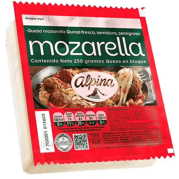 QUESO BLOQUE MOZARELLA ALPINA*250GR